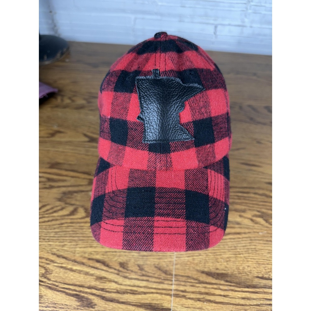 Minnesota Hat Cap Strap Back Red Black Buffalo Plaid Leather Patch KBETHOS Mens